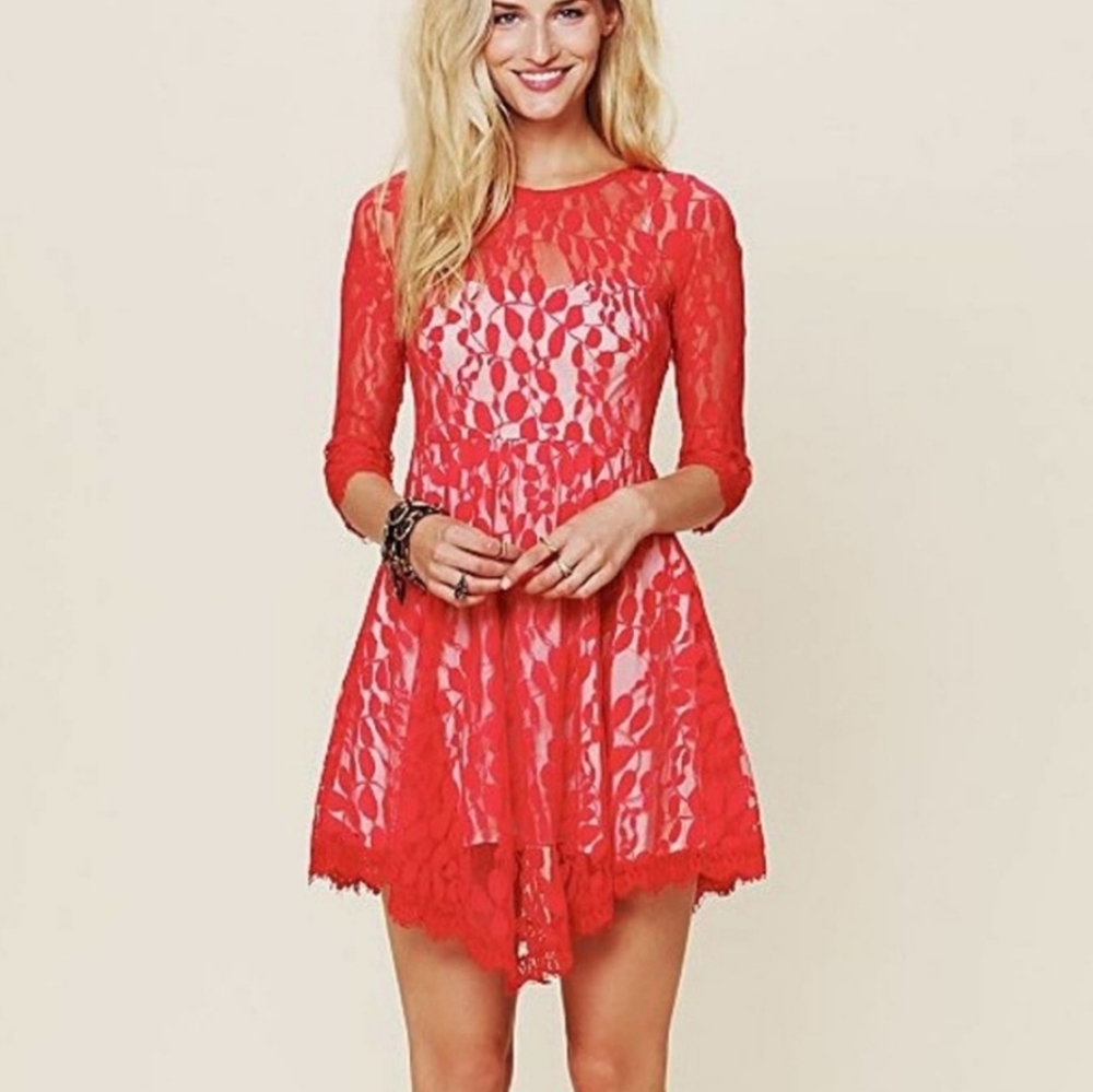 Free People - Red Lace Hankerchief Dress